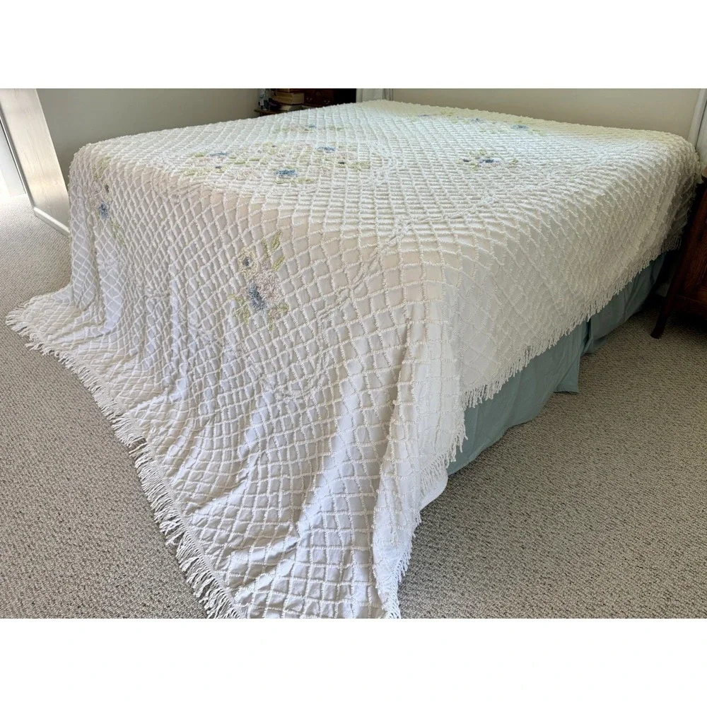 Vintage Chenille Floral Bedspread Coverlet Pink Blue Pastel 116 X 105 King?